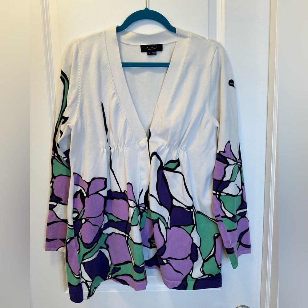 ECI New York Floral Cardigan with Purple and Green Accents Sz XL